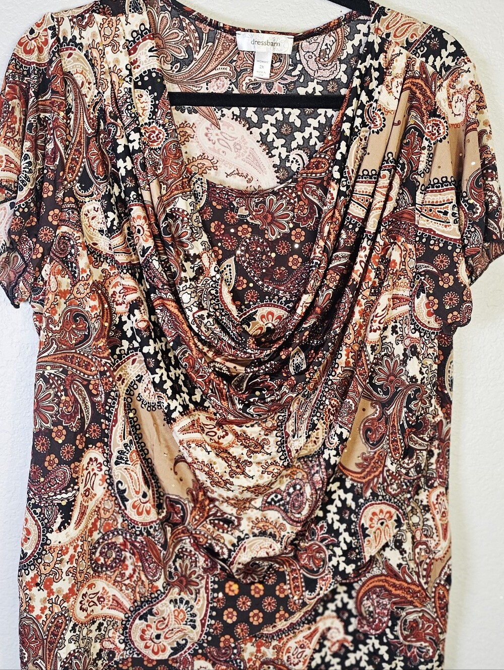 DressBarn 2X Paisley Cowl Neck Top Gold Metallic Dot Short Sleeve Blouse